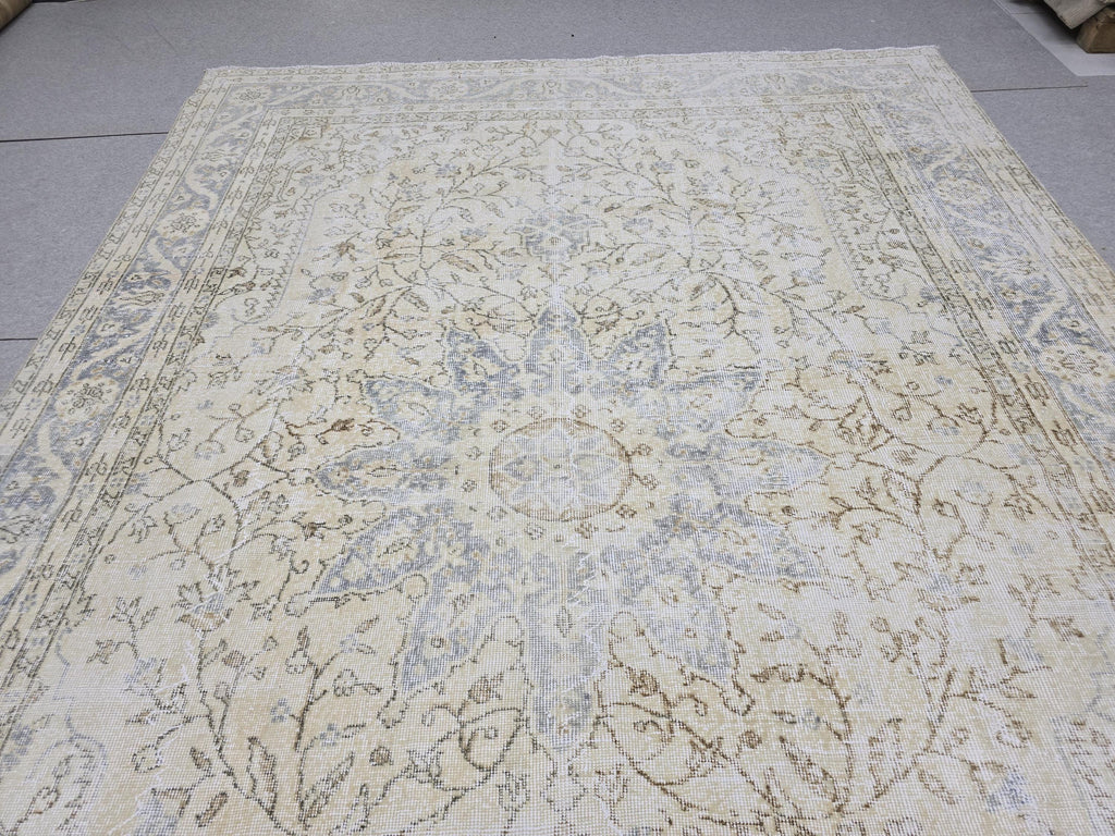 Oushak Rug 7.50x10.60 feet, Blue Medallion Turkish Carpet, Muted Cream Beige Floral, Vintage Tabriz Style Area Rug, Living Room
