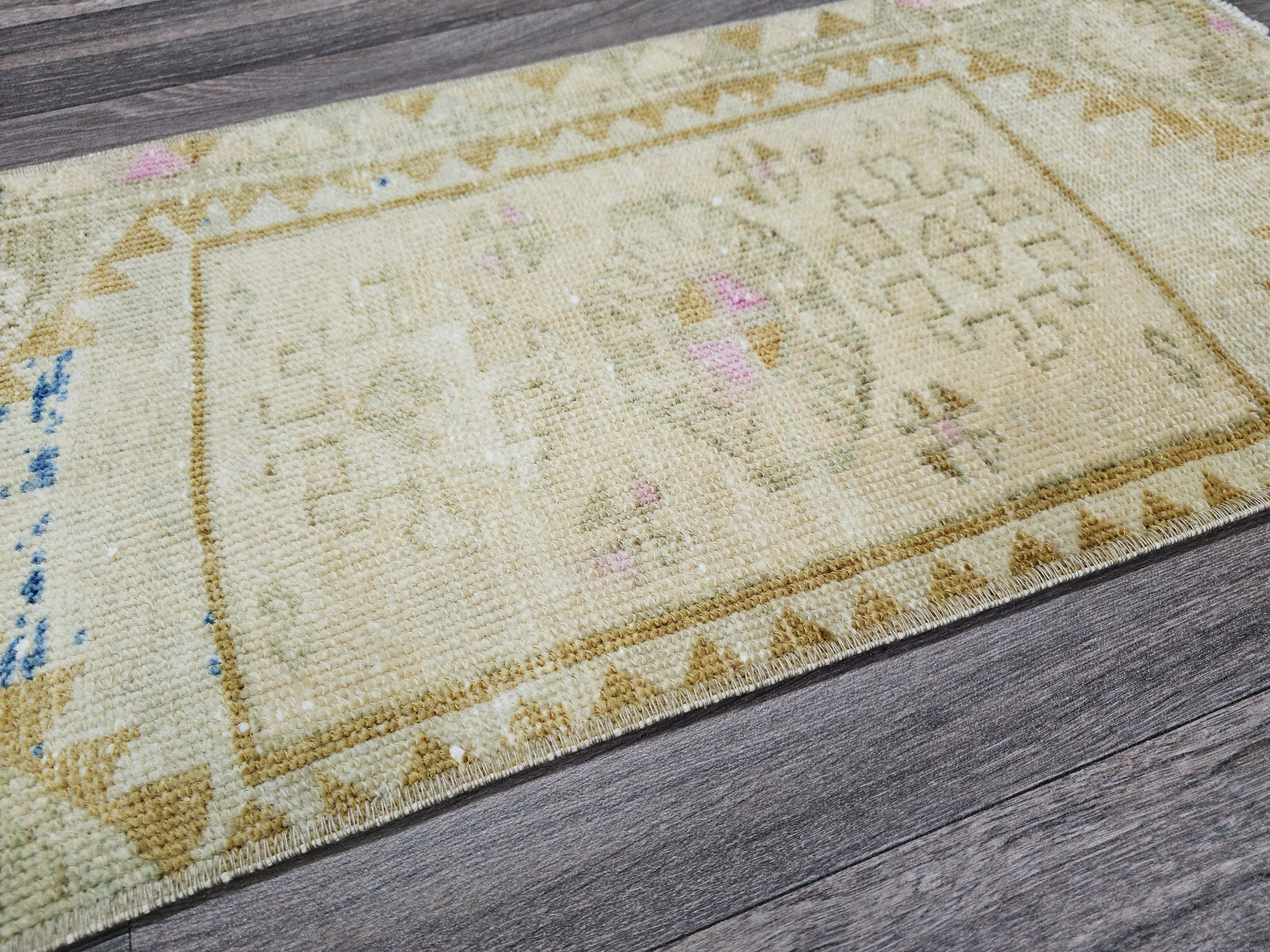 Vintage Turkish Oushak Doormat Bath Mat Neutral - 15x33 inches