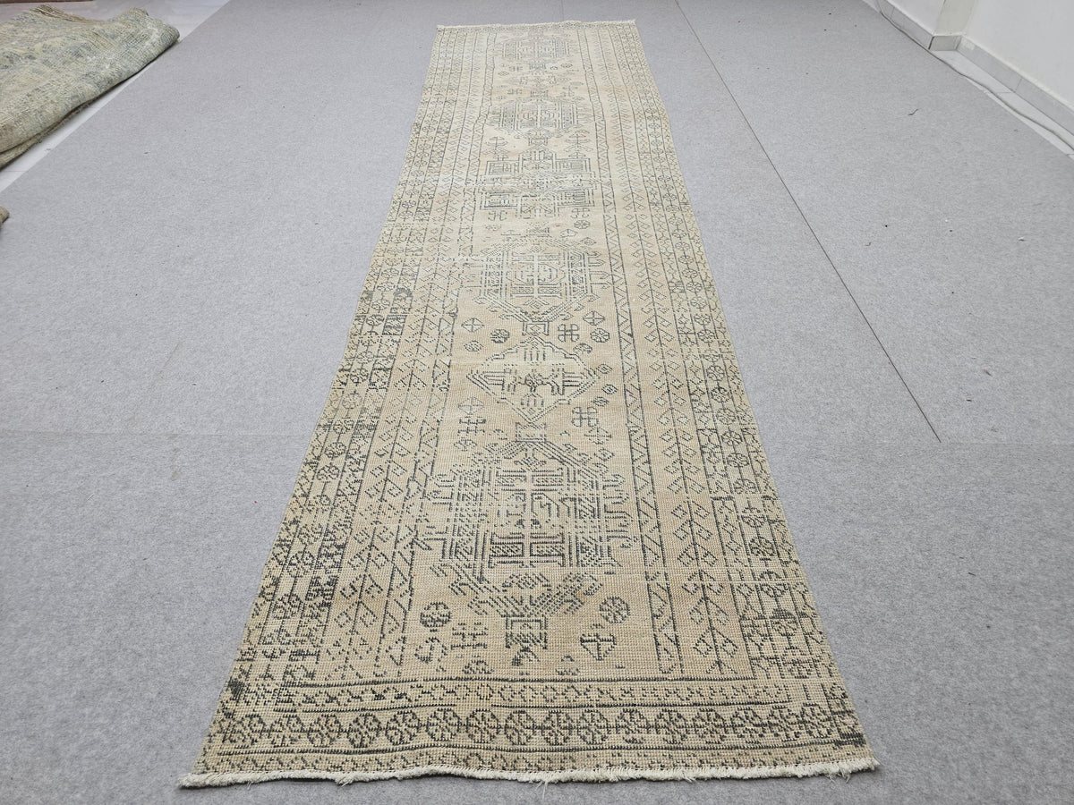 3x12 Vintage Runner Rug, Intricate Tribal Turkish Wool Hallway Runner, Faded Neutral Anatolian Geometric Corridor Rug, Boho Farmhouse Decor