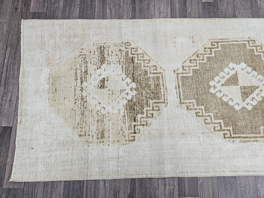 Vintage Hand-Knotted Wool Runner Rug: 3x10.5 ft Beige Brown Oriental
