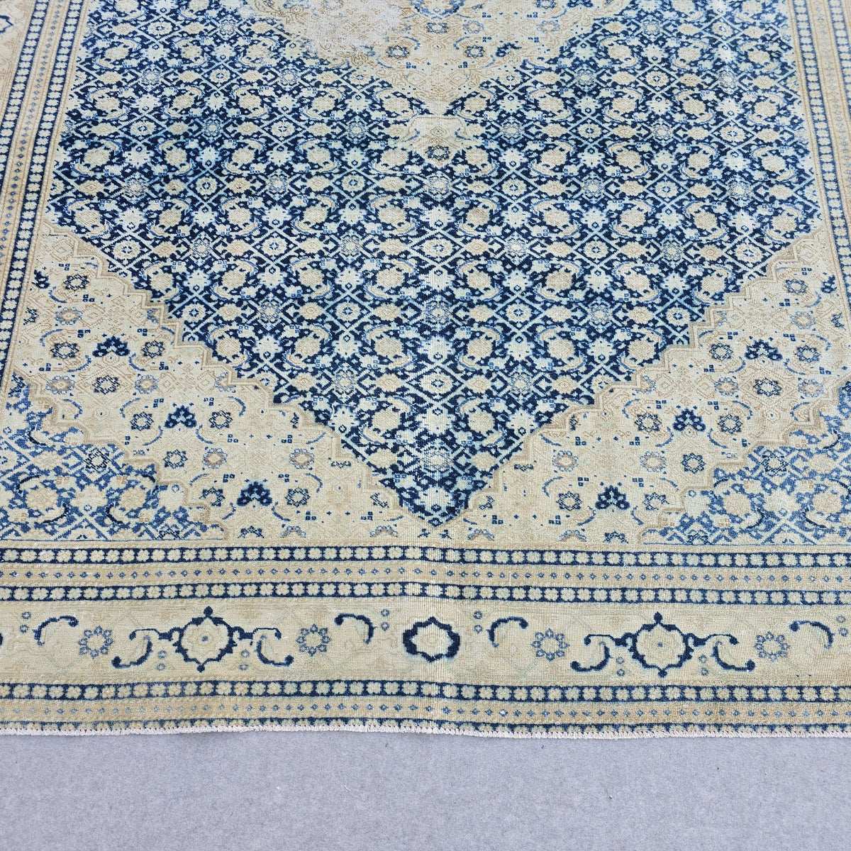 Wool 9x12 Oushak Rug -  Hand Knotted Wool Turkish Area Carpet Geometric Beige Blue