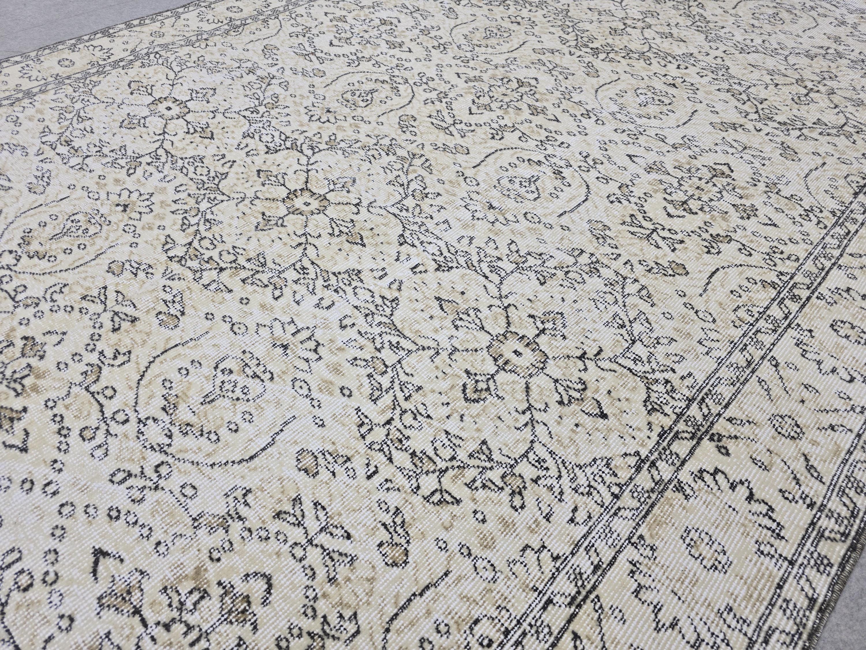 Turkish Rug 6x10, Vintage Wool Area Rug, Cream Beige Floral Carpet for Living Room, Muted Neutral Handknotted Rug