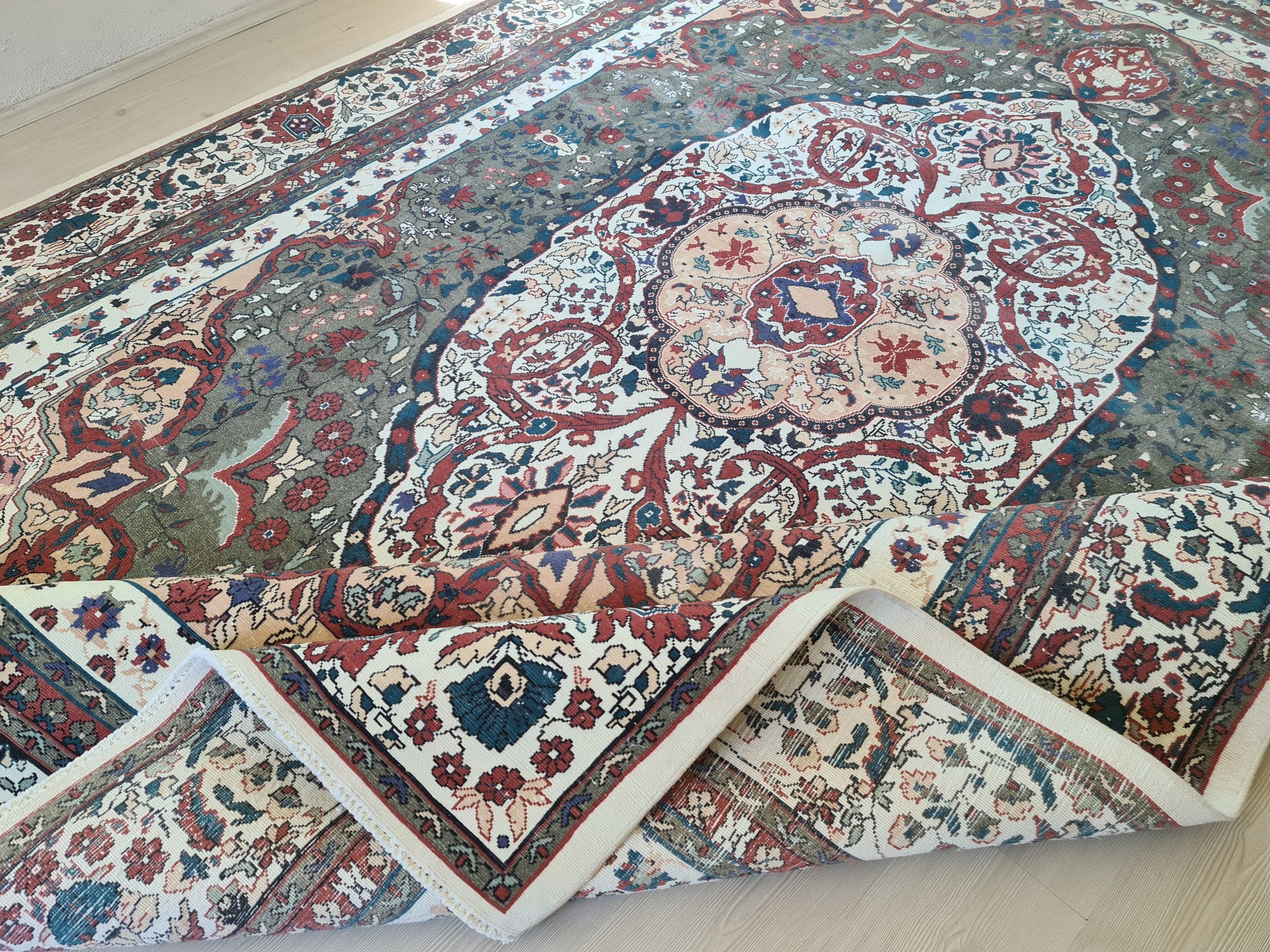 Handmade Oushak Rug 9x13: Large Colorful Vegetable Dyed Wool Oriental Carpet