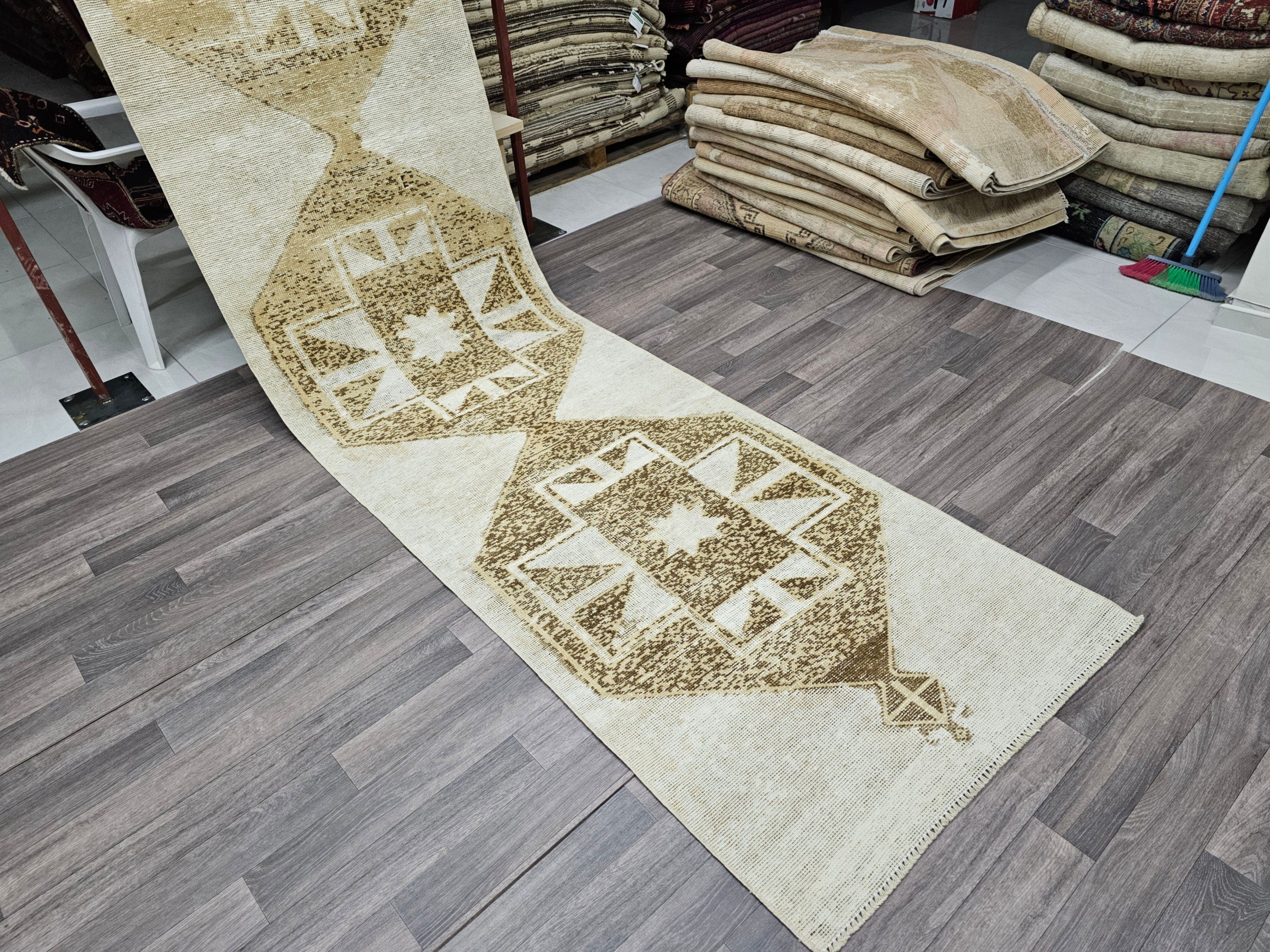 Vintage Turkish Oushak Runner Rug: 3x13 Neutral Wool Hallway Carpet