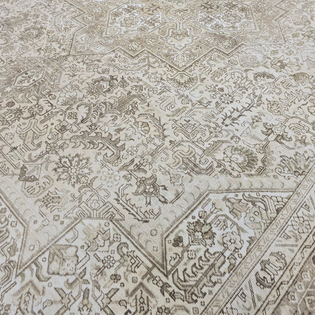 9x12 Hand-Knotted Oushak Rug: Neutral Distressed Vintage Turkish Carpet