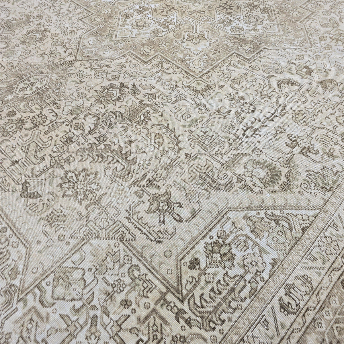 9x12 Hand-Knotted Oushak Rug: Neutral Distressed Vintage Turkish Carpet