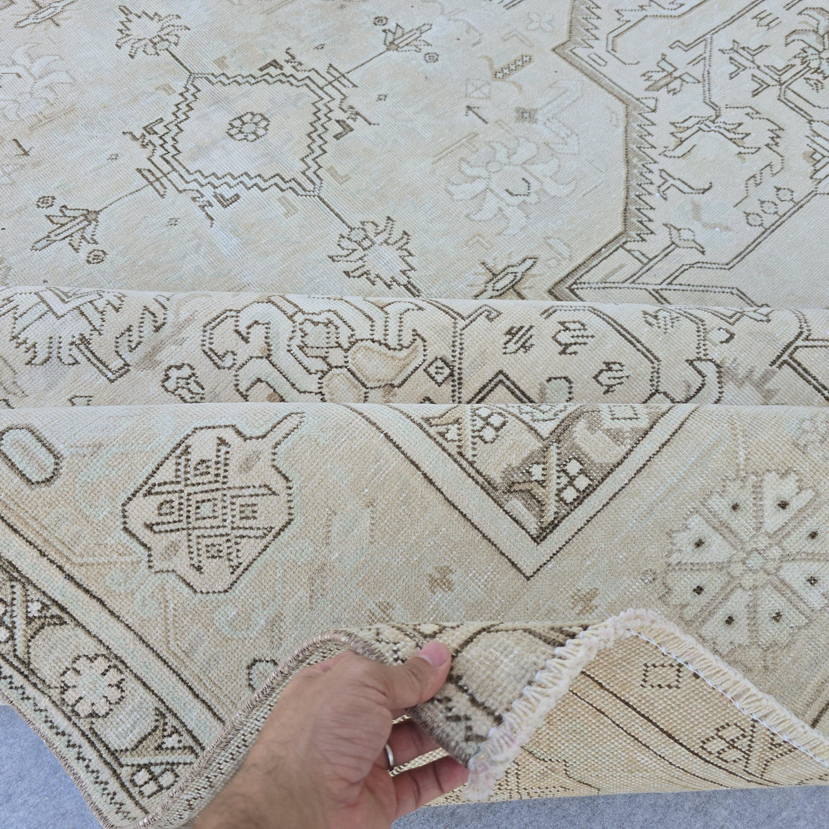 Oversized Oushak Rug: Hand-Knotted Wool, Beige Brown Geometric, 9.7x12.25 ft