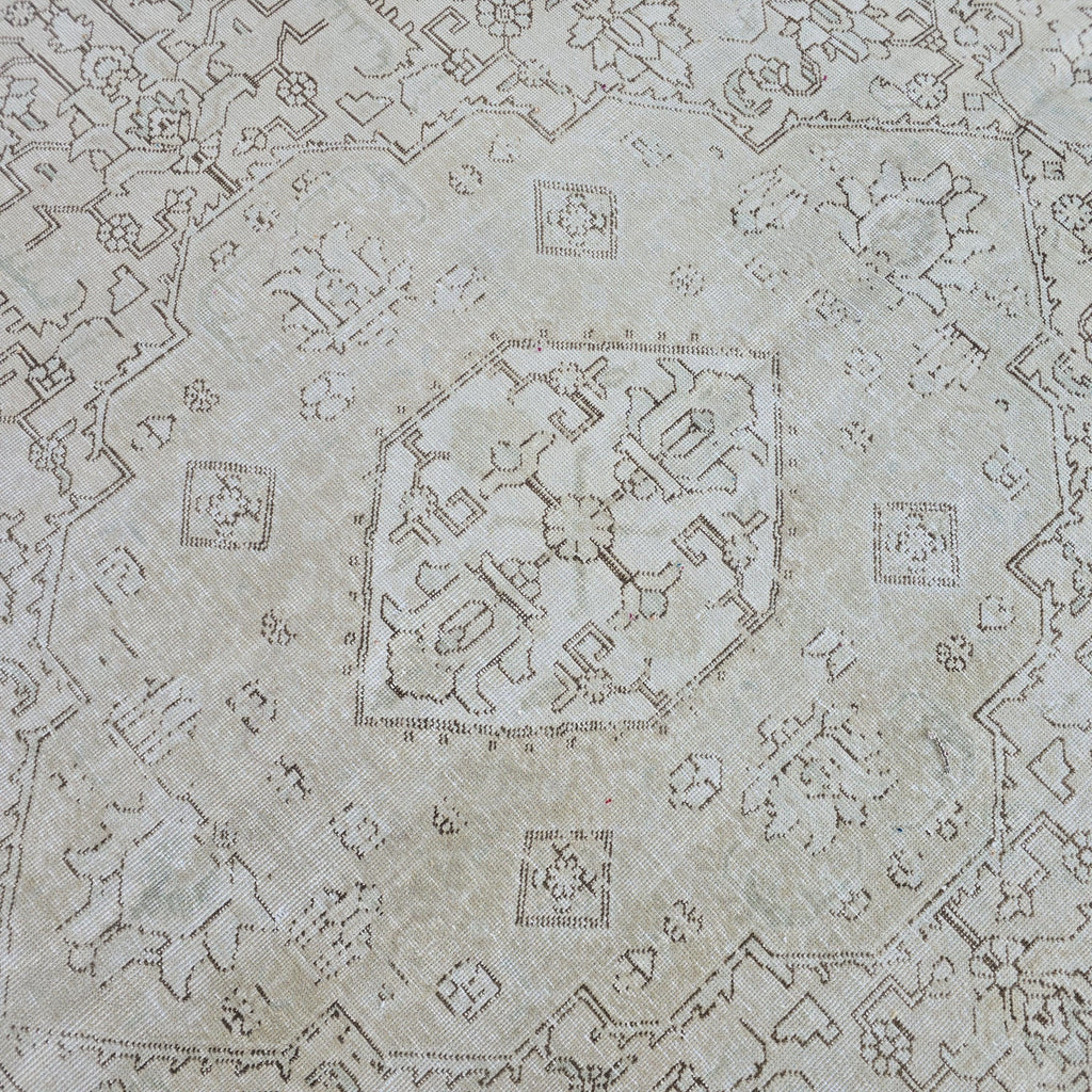 Neutral Vintage Rug 9x12 Cream Geometric Medallion Hand Knotted Turkish Wool Muted Rug