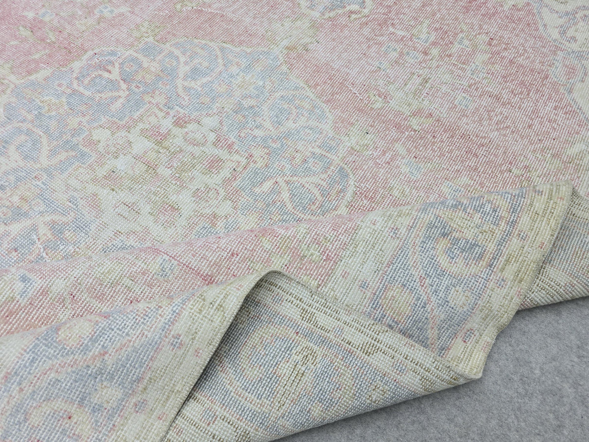 Vintage Anatolian Style Wool Rug 6x9, Pink Blue Medallion