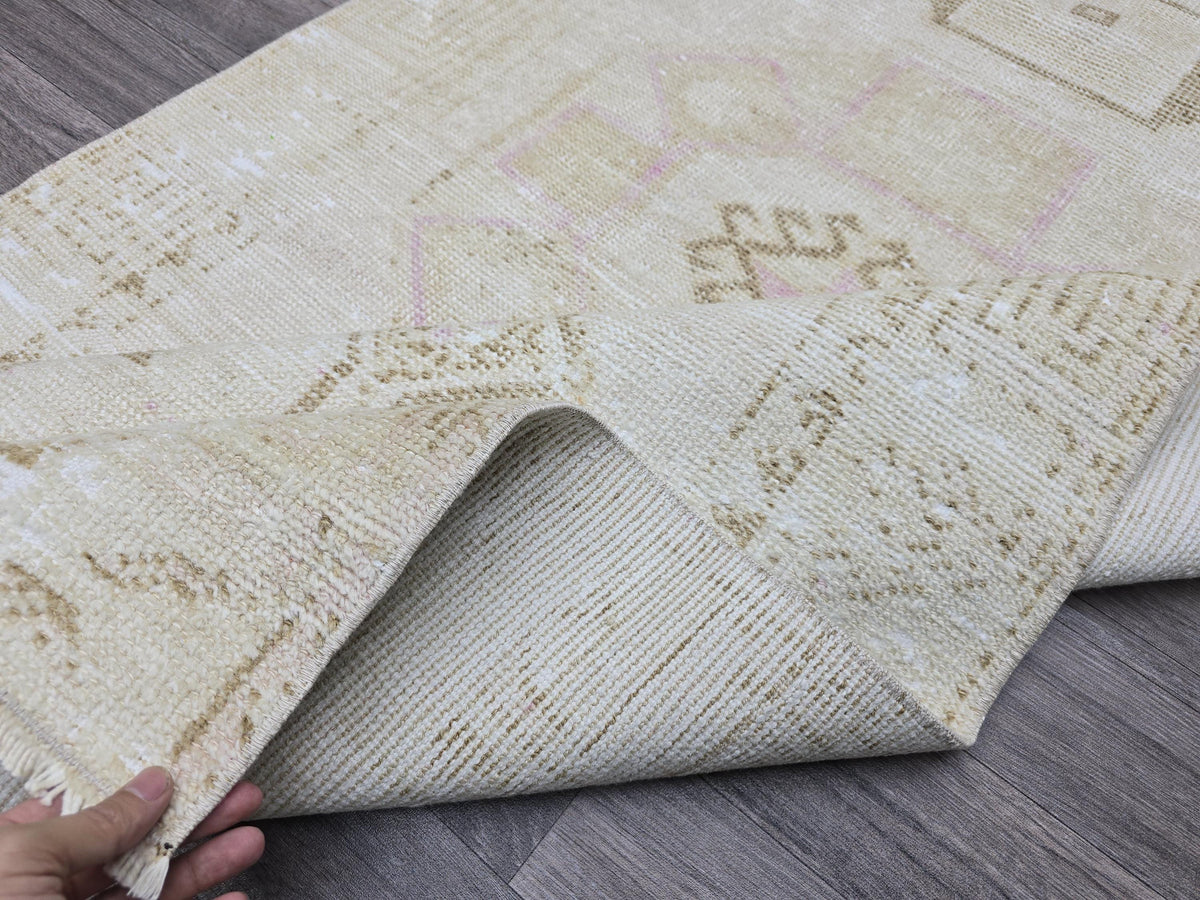 Handwoven Oushak Runner Rug: 3.5x12.7 ft, Neutral Turkish Vintage Rug