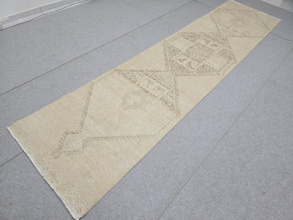 3x12 Turkish Runner - Vintage Oushak Runner Rug: 3x12.25 ft, Neutral Wool Carpet runner Rug