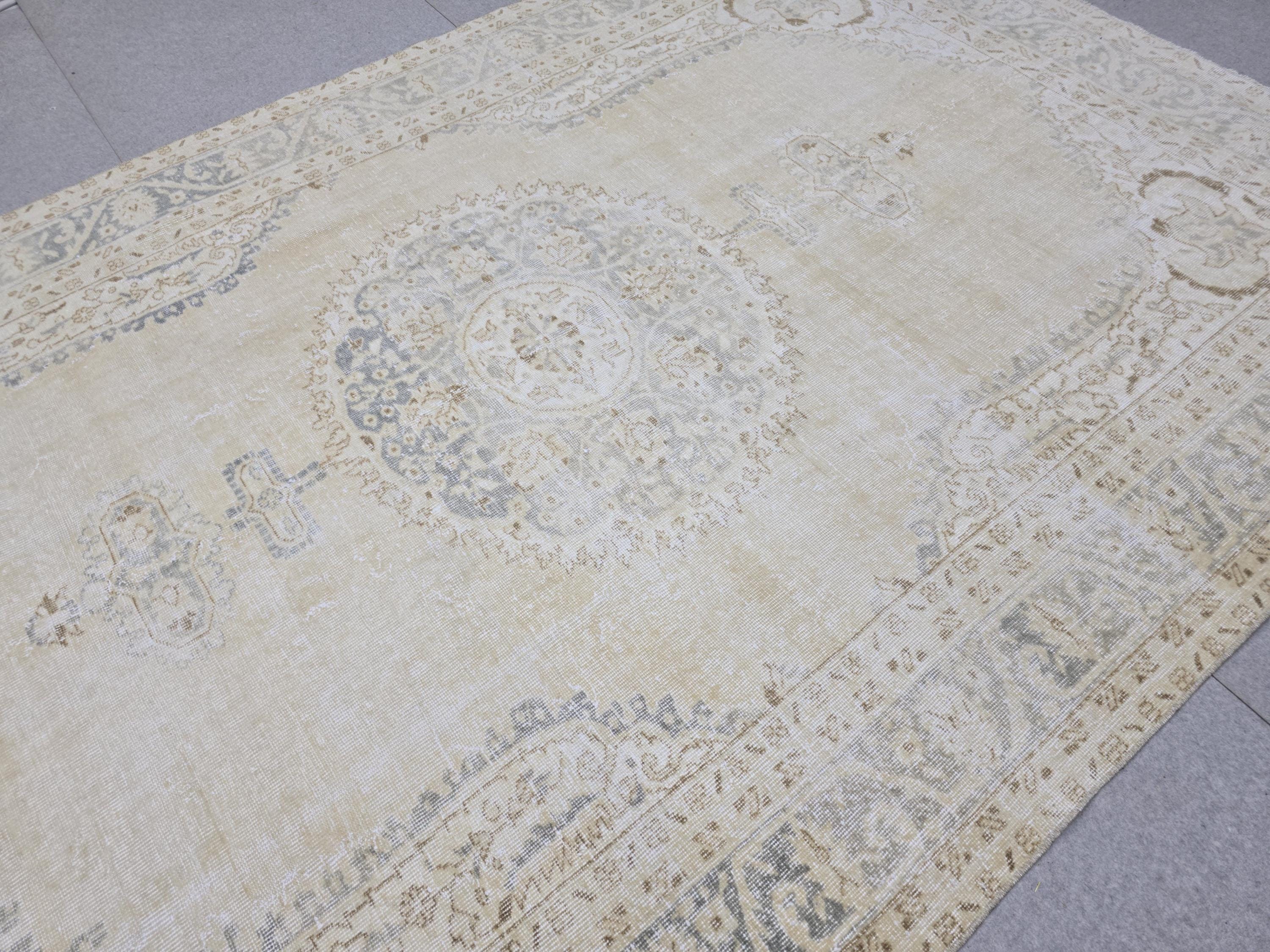 Oushak Rug 7x10, Beige Medallion Antique Turkish Carpet, Faded Muted Handknotted Wool Rug for Living Room Office
