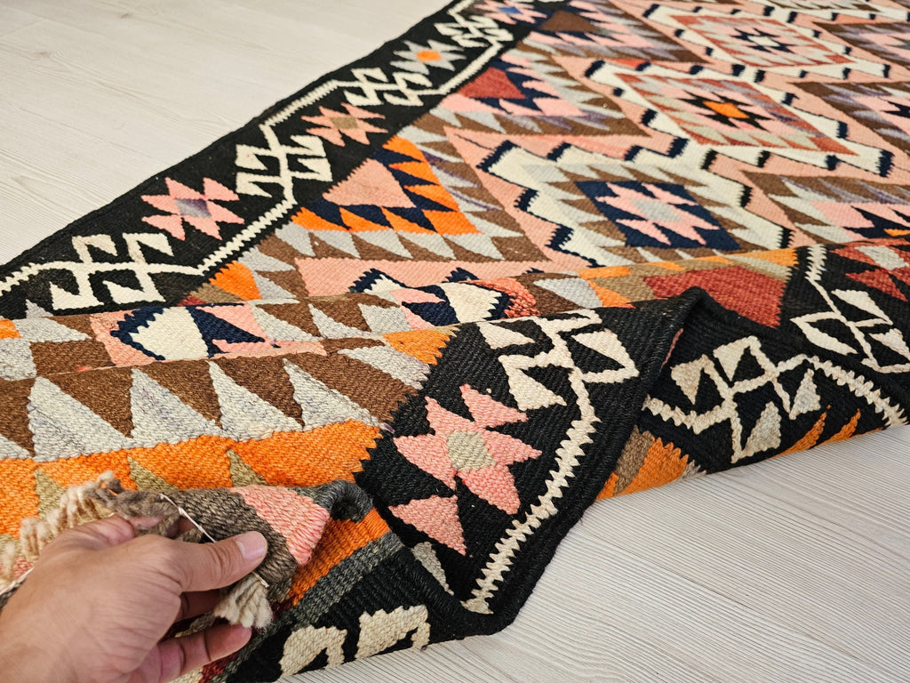 Geometric Wool Turkish Runner Rug: Vintage Oushak Design, 3x11 ft