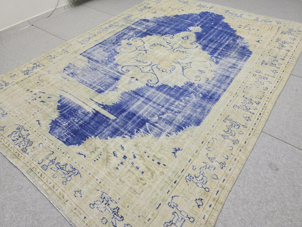 Vintage Turkish Oushak Rug 7x10, Cream Blue Oriental Wool Carpet