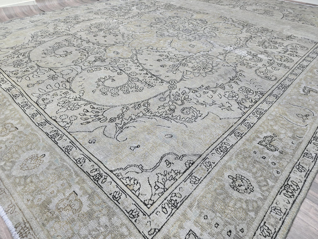 Overdyed Vintage Turkish Oushak Rug 10x12: Handwoven Wool Beige Gray Carpet