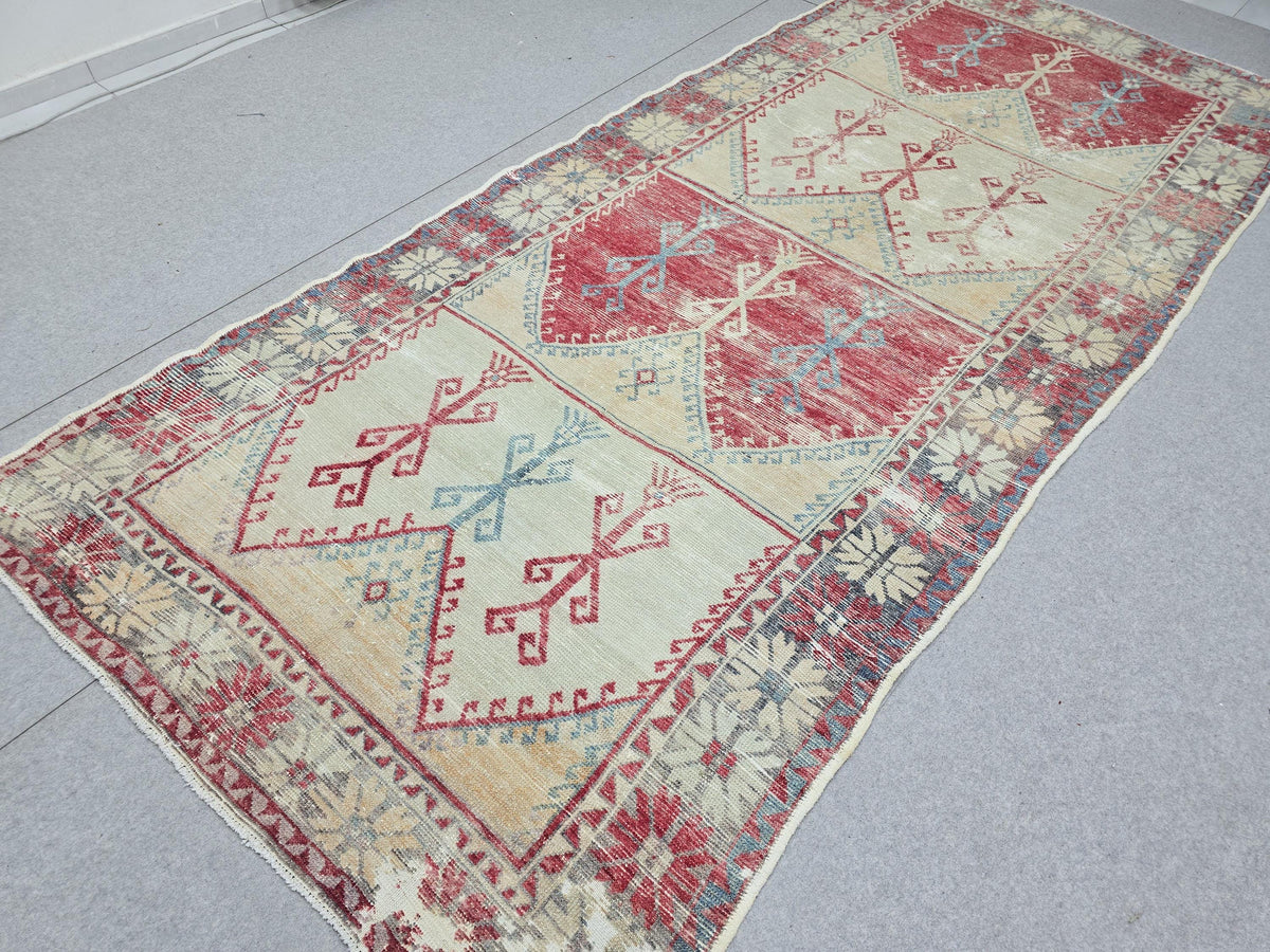 Oushak Rug 5x12, Antique Red Cream Distressed Wool Area Rug, Faded Panel Medallion Anatolian Wide Runner, Boho Farmhouse Living Room Decor