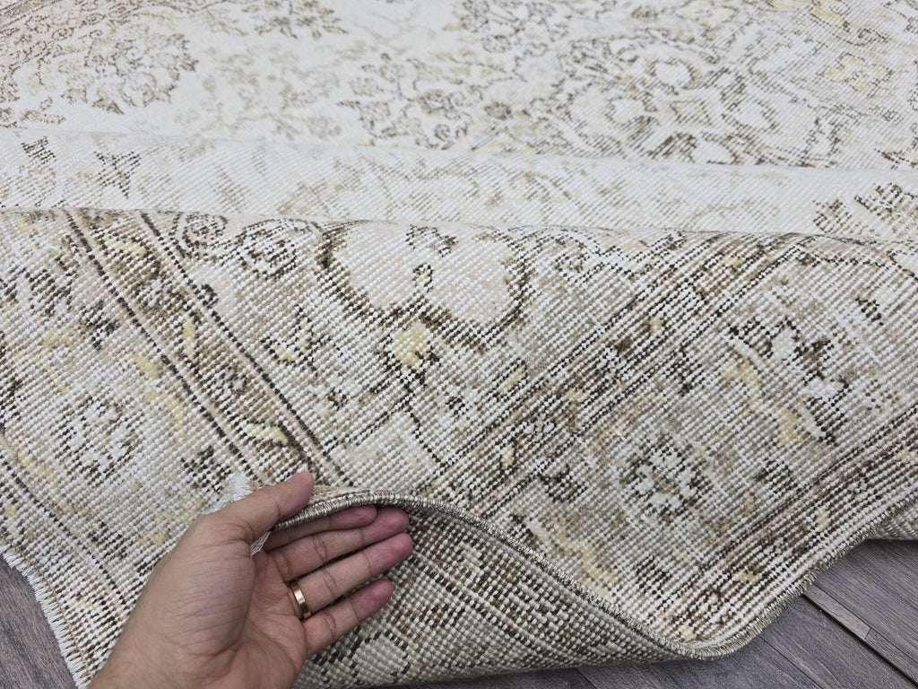 Vintage Turkish Oushak Rug: 6.5x9.5 ft, Beige Wool Floral Carpet