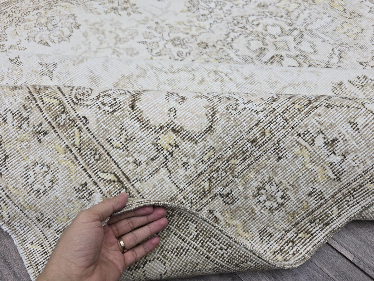 Vintage Turkish Oushak Rug: 6.5x9.5 ft, Beige Wool Floral Carpet