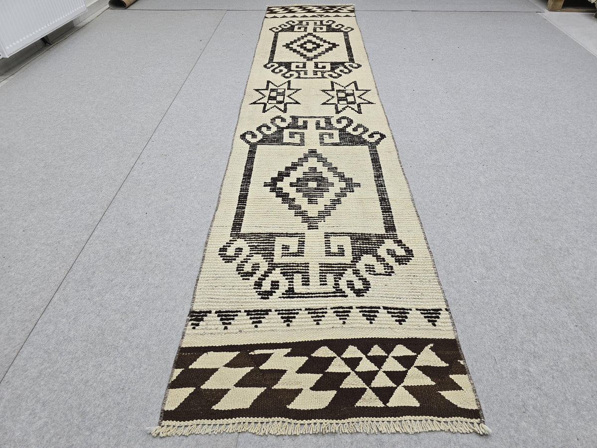 Vintage Rug Runner 2x11, Ivory Black Tribal Hand Knotted Wool Hallway Runner, Anatolian Geometric Boho Stair Runner