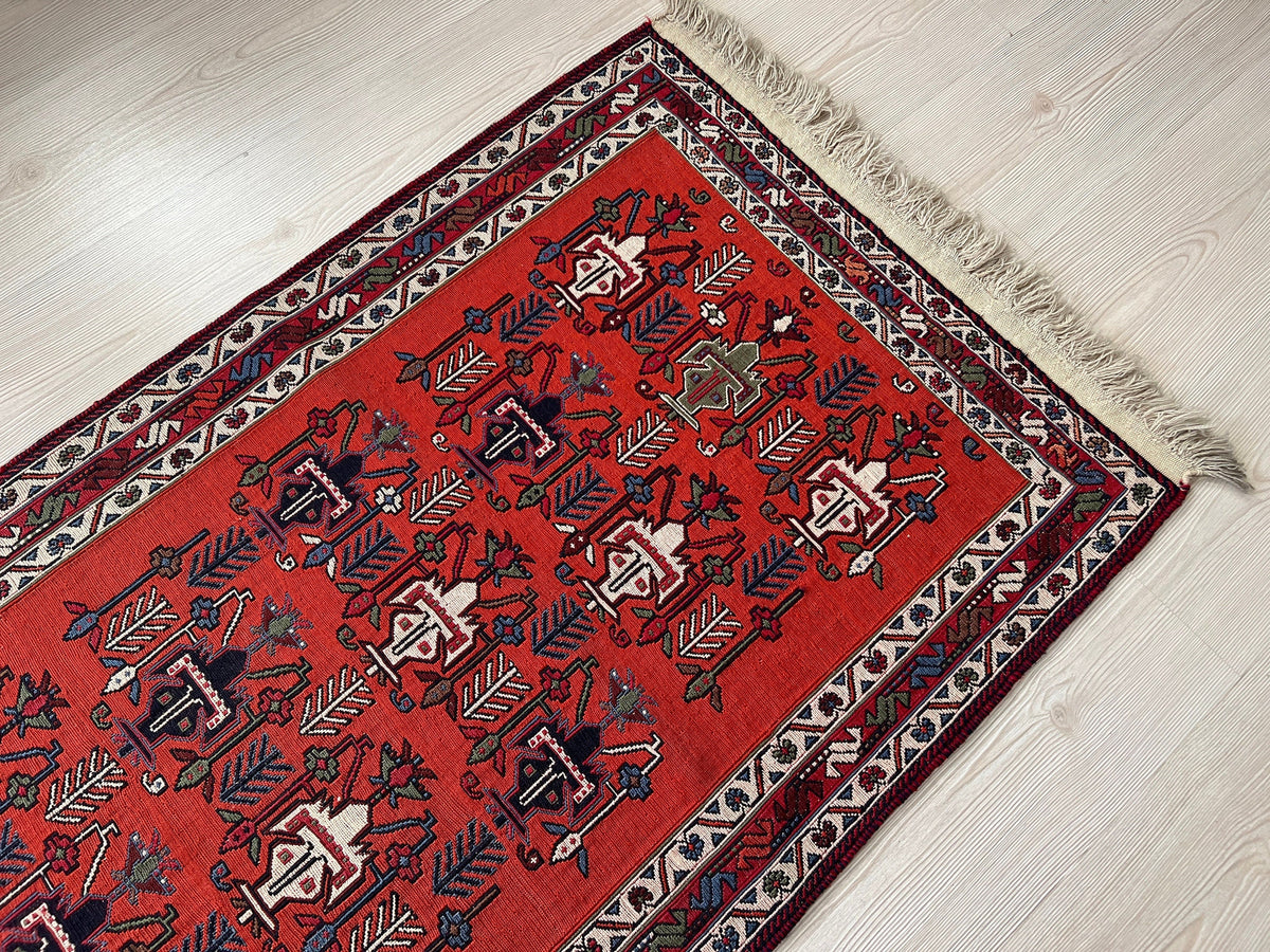 Antique Avşar Soumak Rug Runner: 3x9 Vintage Wool Hallway Rug