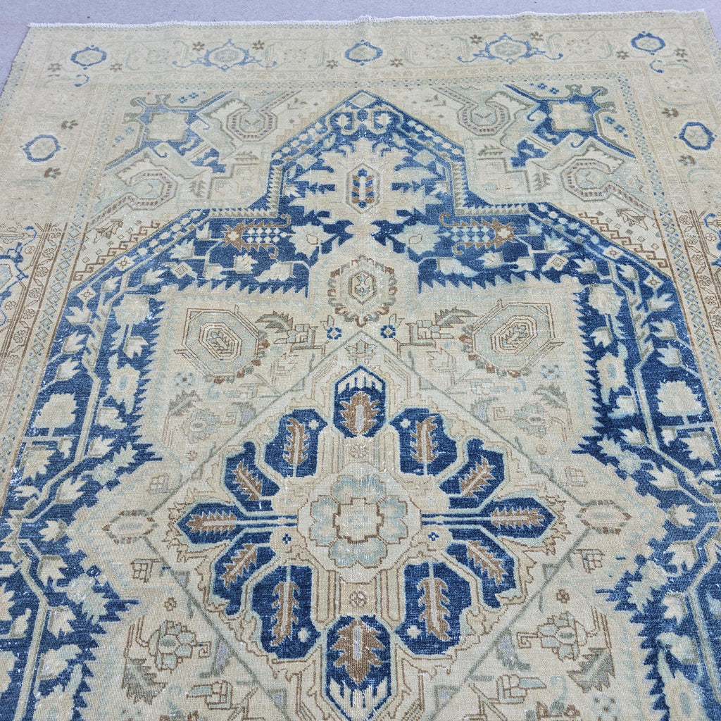 7x10 Vintage Oushak Rug Blue Cream Geometric Hand Knotted Turkish Area Carpet