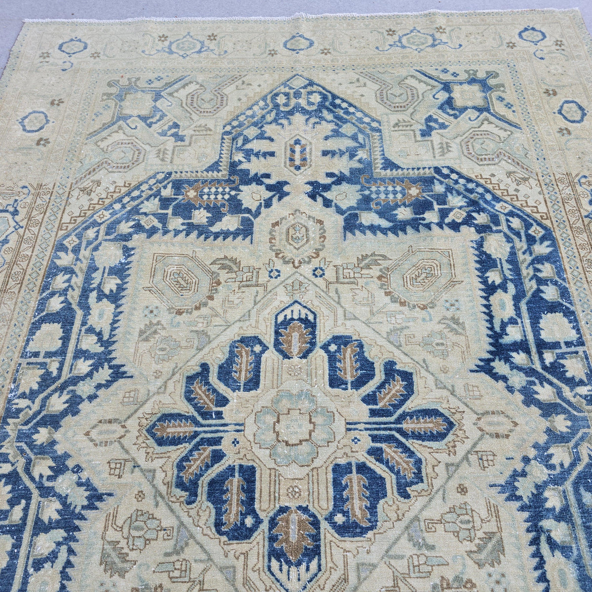 7x10 Vintage Oushak Rug Blue Cream Geometric Hand Knotted Turkish Area Carpet