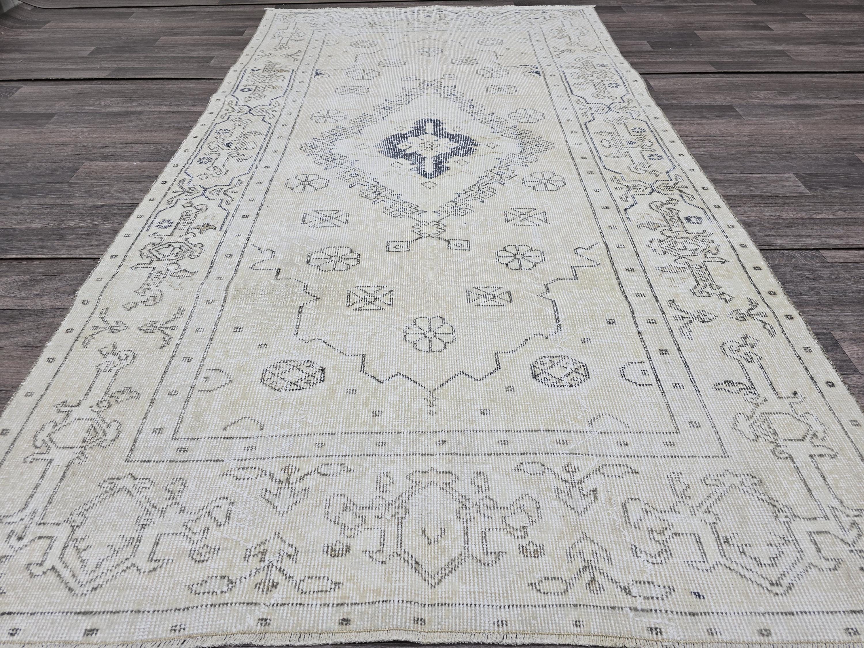 4x7 Oushak Rug - Neutral Vintage Turkish Rug: 4.3x7.7ft Hand-Knotted Wool Rug