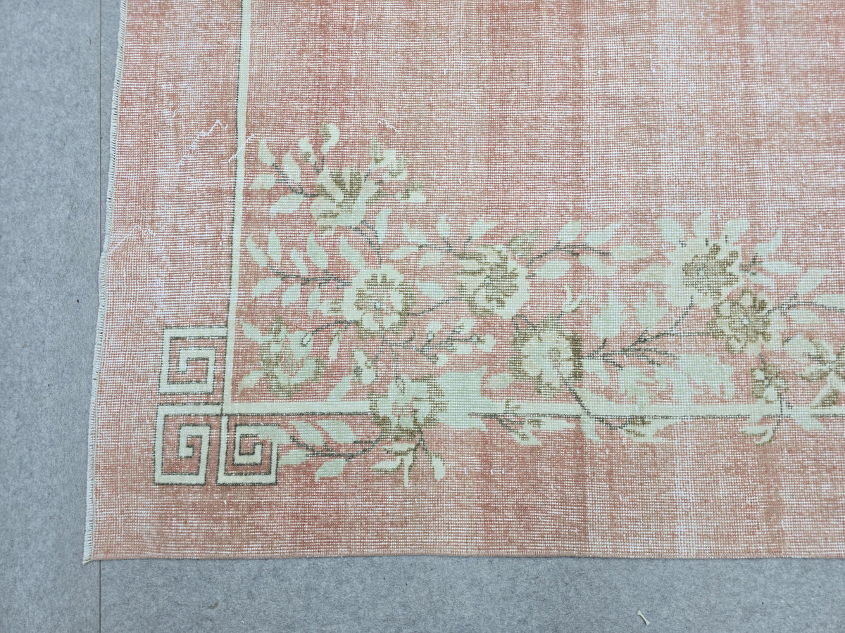 Vintage Rug 7x10, Faded Coral Pink Turkish Carpet, Art Deco Floral Area Rug for Bedroom, Hand Knotted Wool Oushak