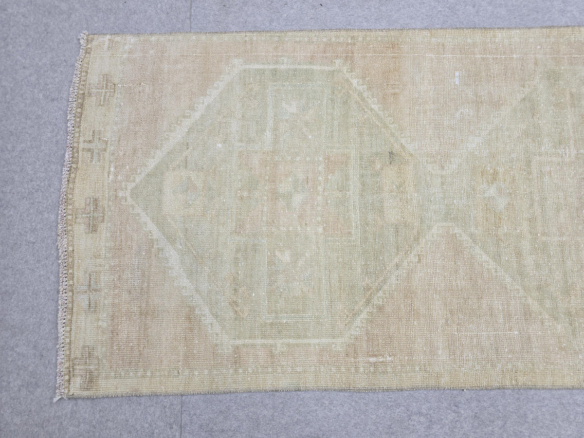 Turkish Rug 3x12, Neutral Runner Rug, Faded Distressed Wool Hallway Runner, Muted Oushak Stair Runner, Vintage Boho Kitchen Carpet