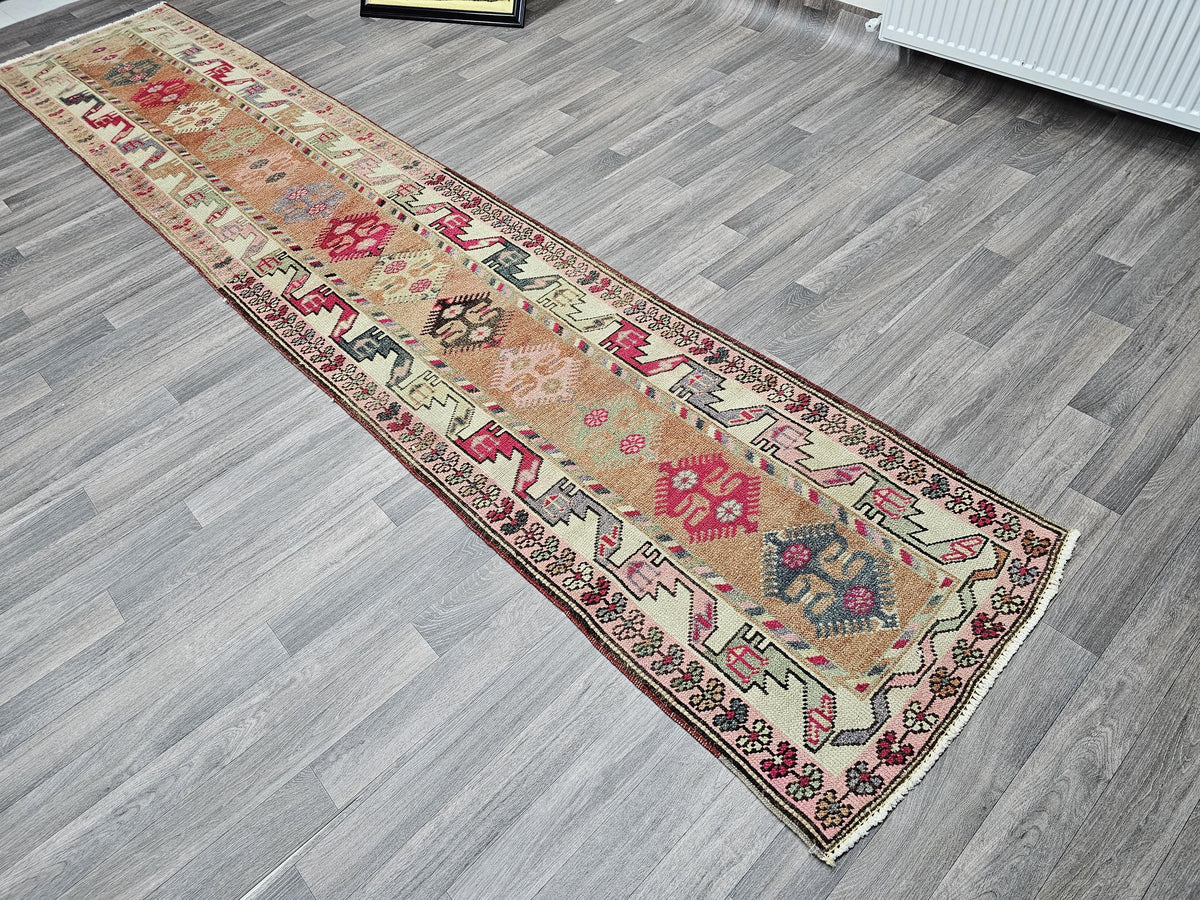 Vintage Wool Runner Rug: 2.5x13.10 ft, Pastel Colors, Traditional Anatolian Hallway Rug
