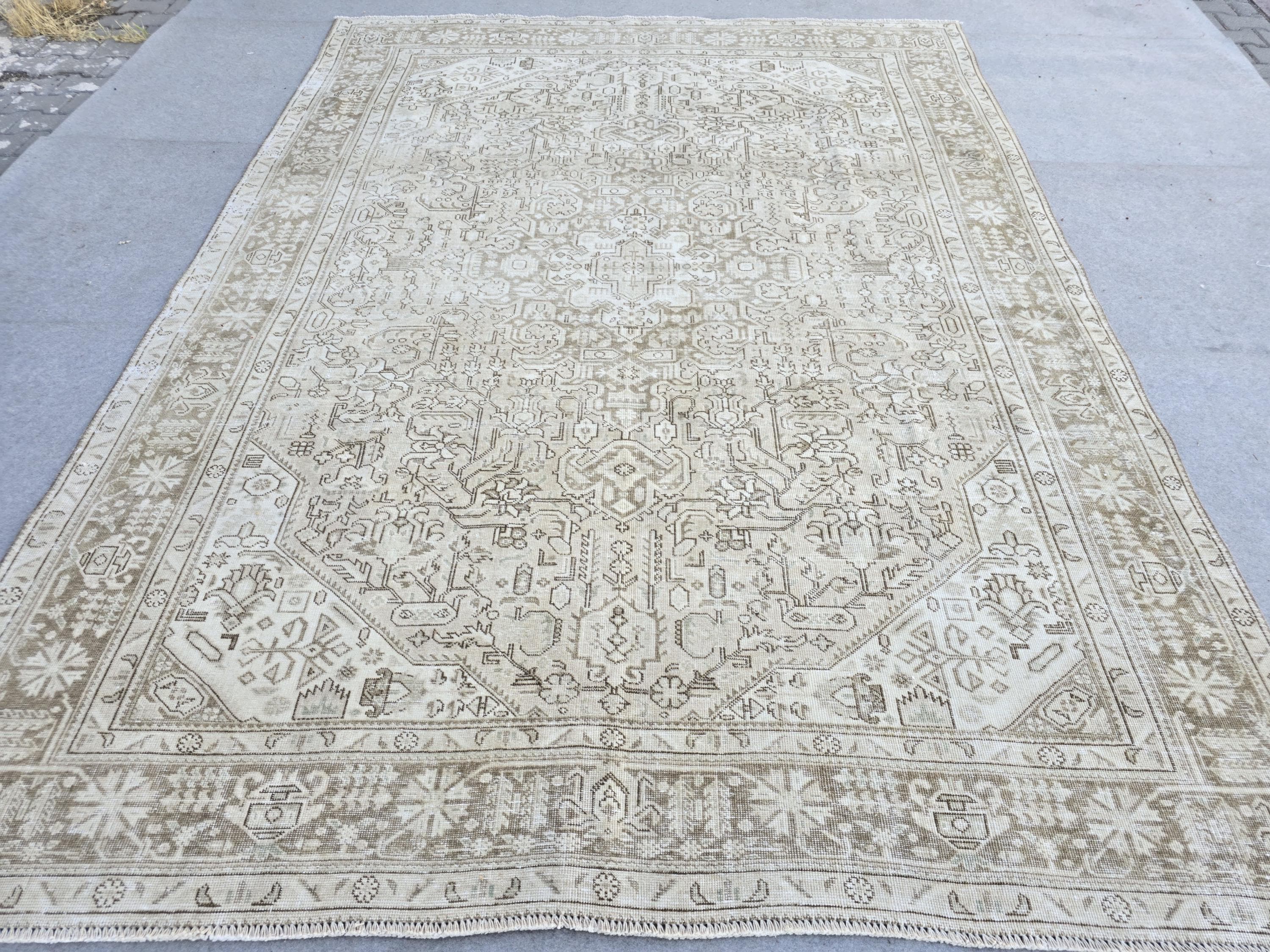 Vintage Rug 8x11, Turkish Area Rug, Warm Beige Wool Rug, Hand Knotted Medallion Rug, Faded Tan Living Room Rug, Boho Farmhouse