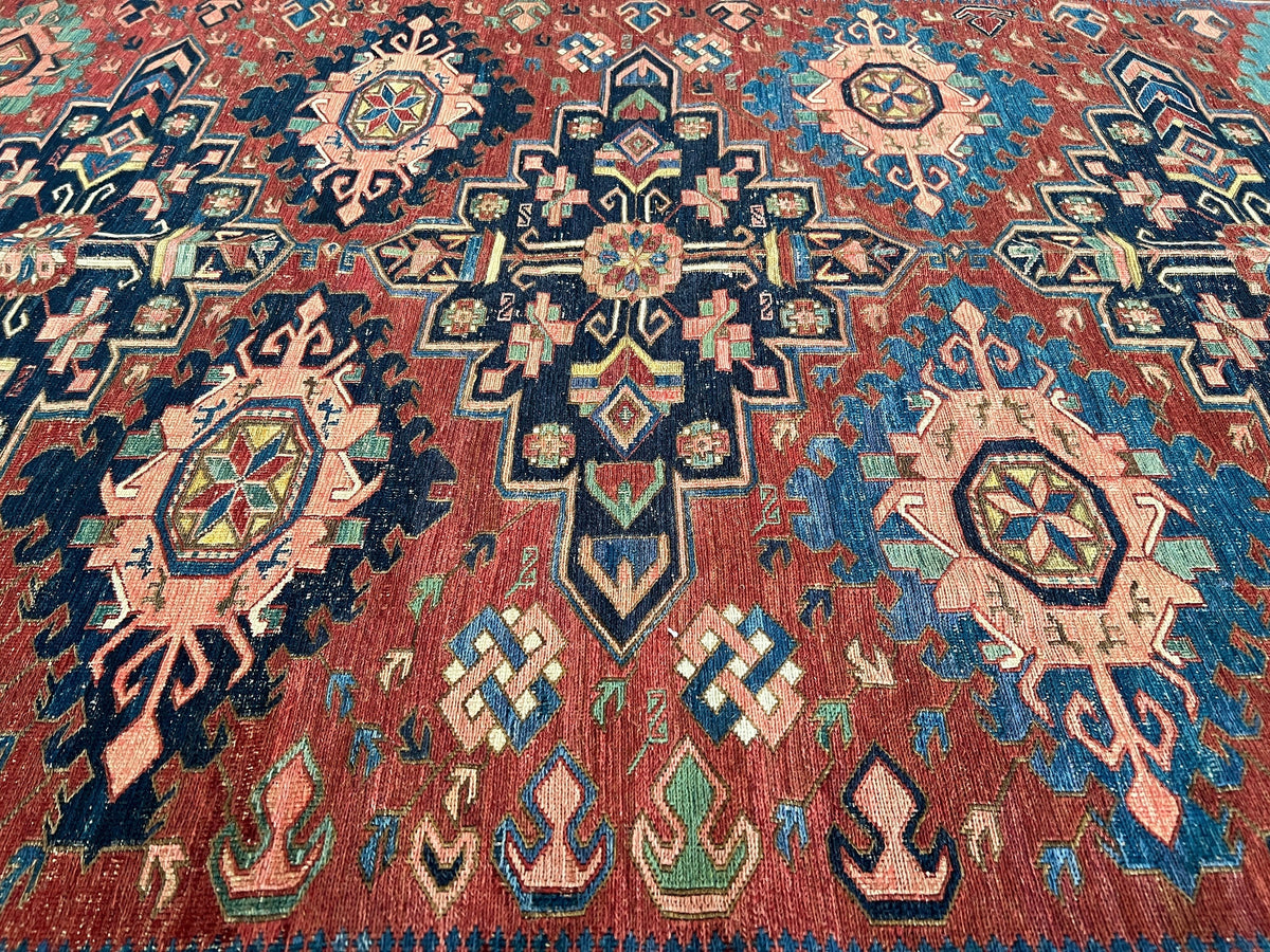 Antique Caucasian Soumak Rug: Hand-Knotted Wool, Tribal Design (5x6.35 ft)