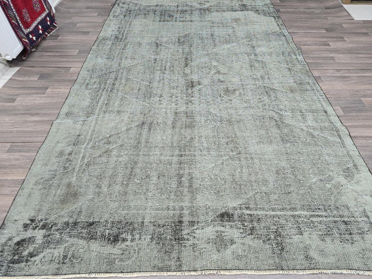 Vintage Turkish Overdyed Rug: Mint Green Distressed Bohemian Carpet (6.7x10.8 ft)