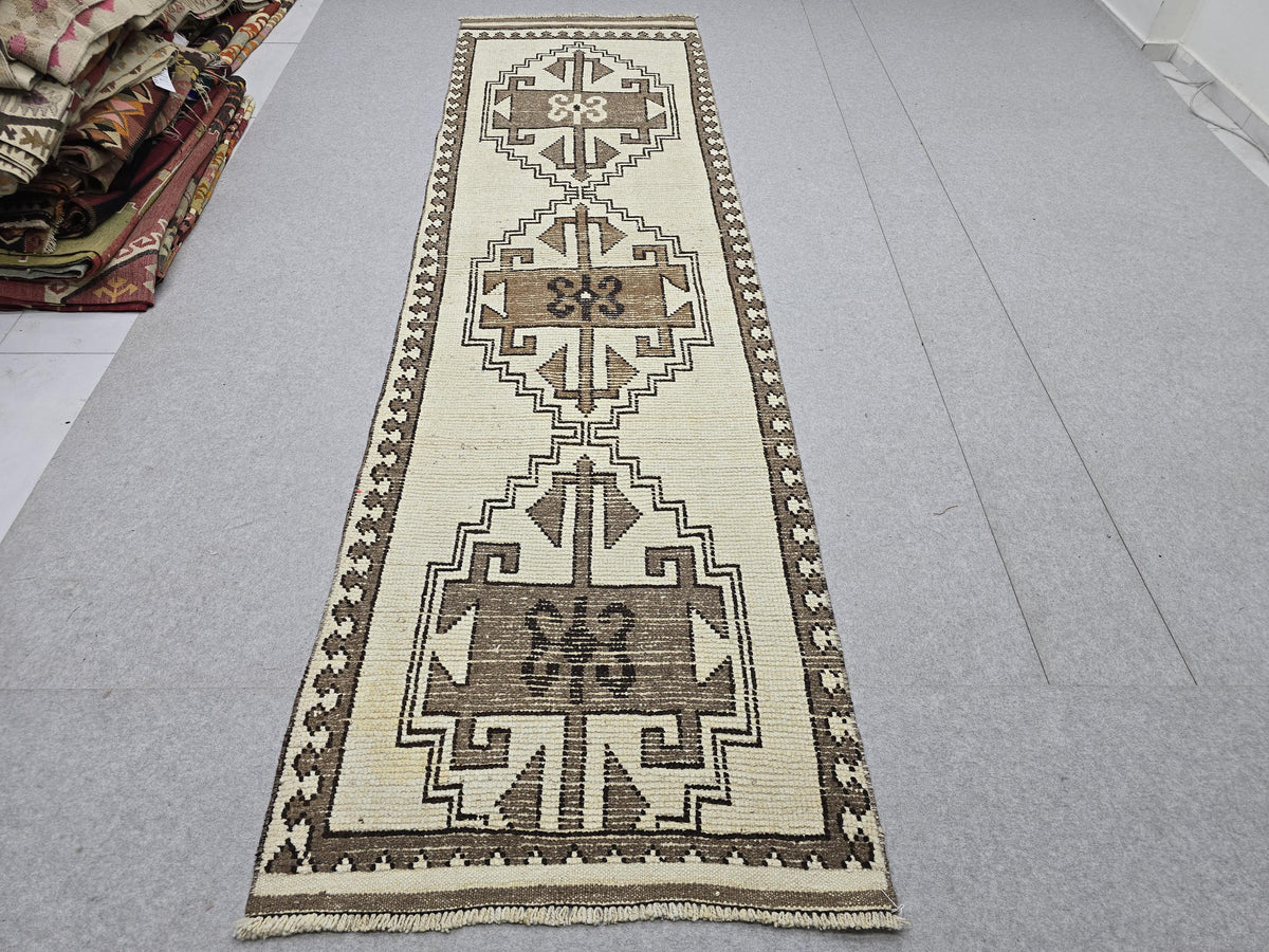 Wool Turkish Runner, Hand-Knotted Cream Brown Boho Hallway Rug