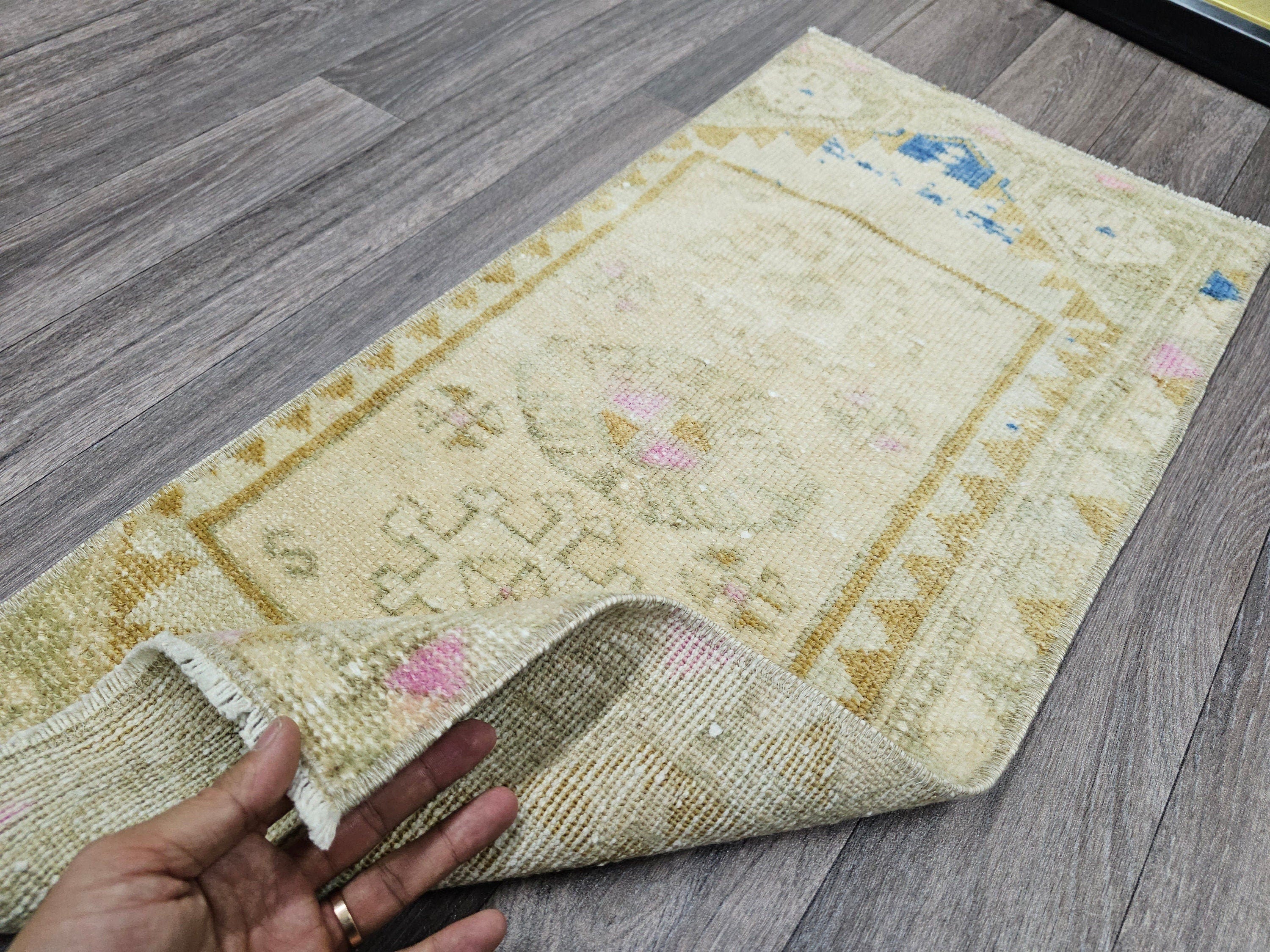 Vintage Turkish Oushak Doormat Bath Mat Neutral - 15x33 inches
