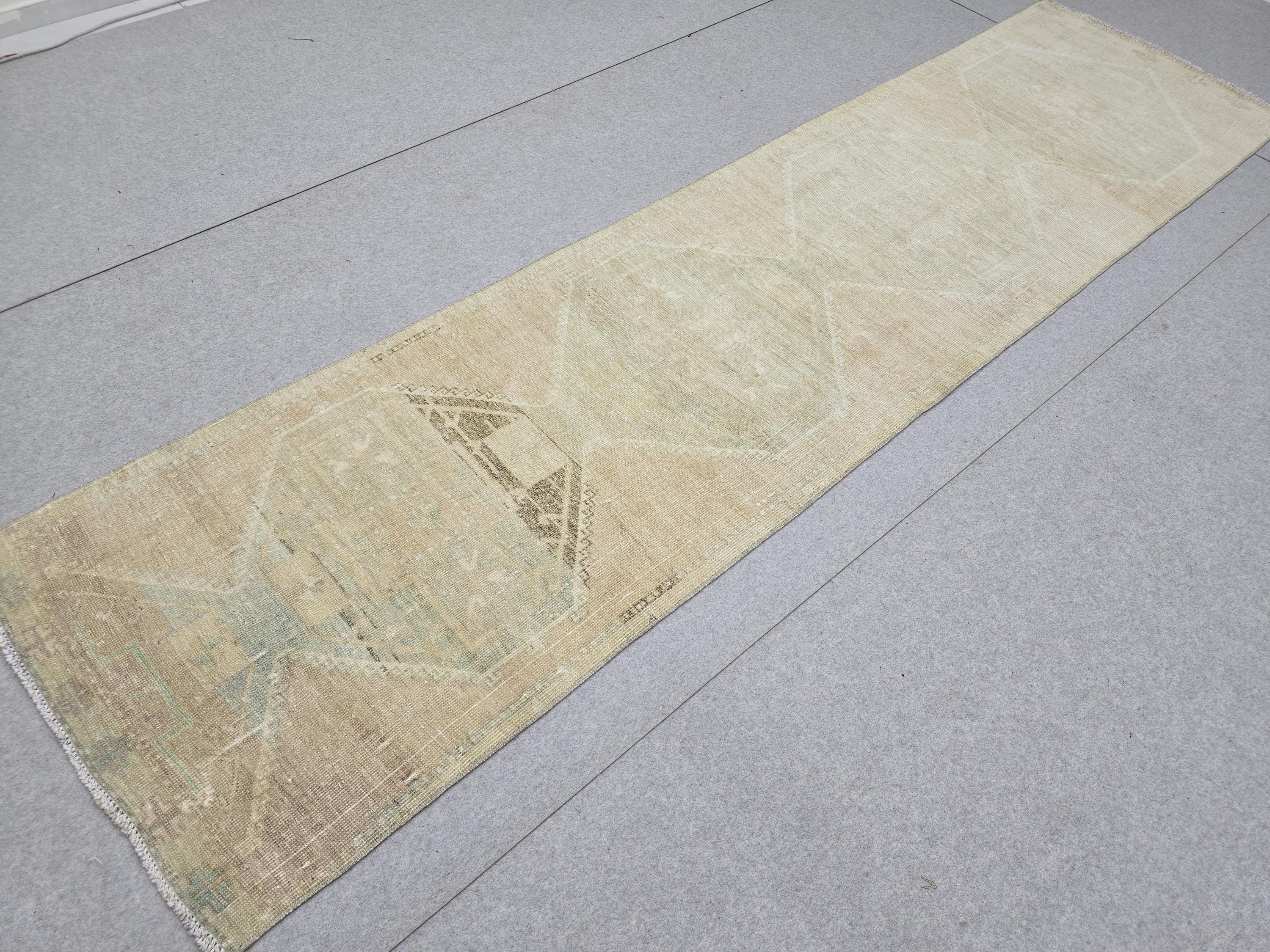 Turkish Rug 3x12, Neutral Runner Rug, Faded Distressed Wool Hallway Runner, Muted Oushak Stair Runner, Vintage Boho Kitchen Carpet