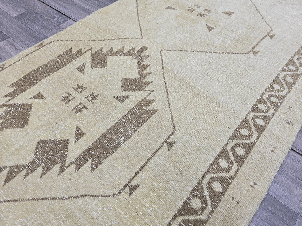 Vintage Anatolian Runner Rug: Cream Beige Wool Hallway Carpet (3.4x13.6 ft)