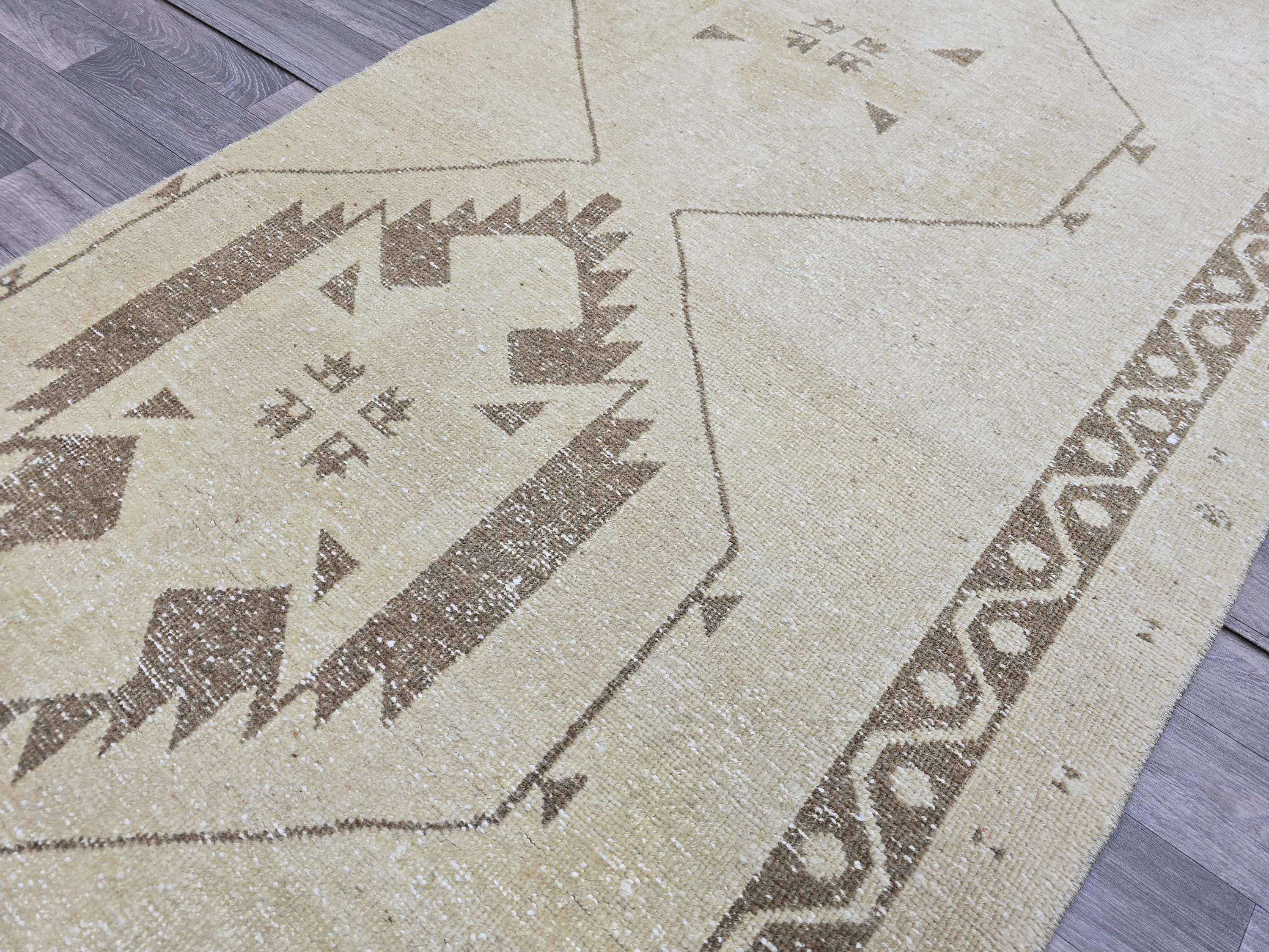 Vintage Anatolian Runner Rug: Cream Beige Wool Hallway Carpet (3.4x13.6 ft)