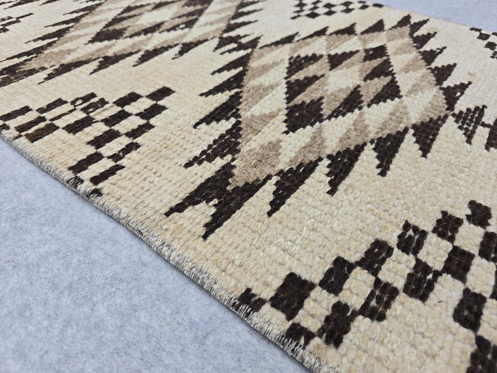 Oushak Runner 2x14, Hand Knotted Vintage Wool Extra Long Hallway Runner rug, Cream Brown Diamond Tribal Anatolian Runner, Boho runner