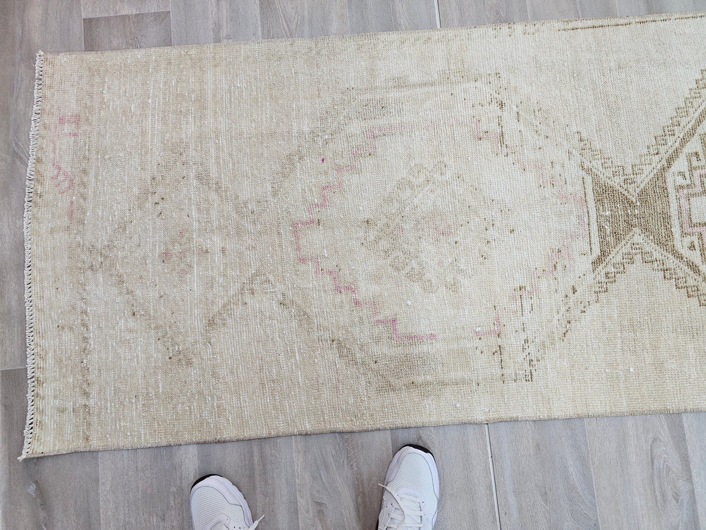 Hand Knotted Wool Turkish Runner Rug: Neutral Oushak Stair Runner (3x14 ft)