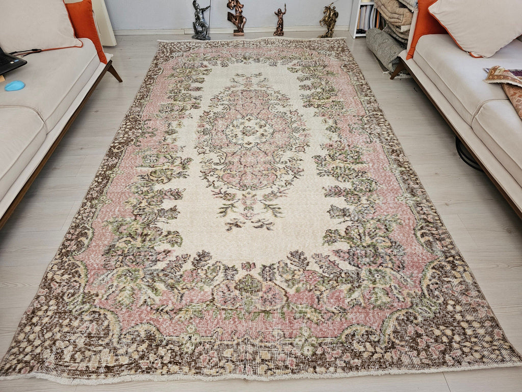 6x10 Vintage Wool Area Rug  - Handwoven Vintage Wool Rug 5.85x10 feet – Pink Cream Floral Bohemian Carpet for Living Room & Bedroom