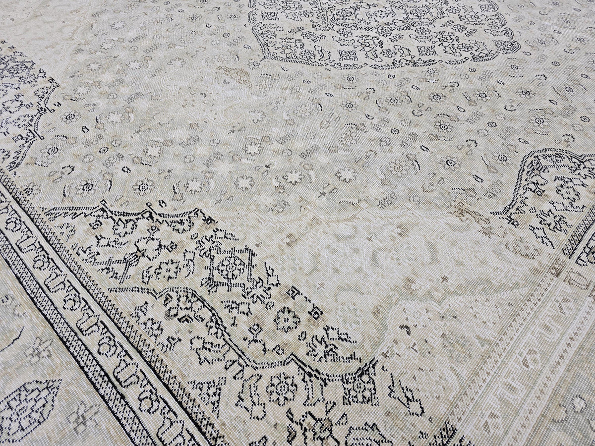 10x12 Vintage Rug | Cream Ivory Tabriz Style Hand Knotted Wool Rug | Neutral Beige Turkish Carpet 9x12