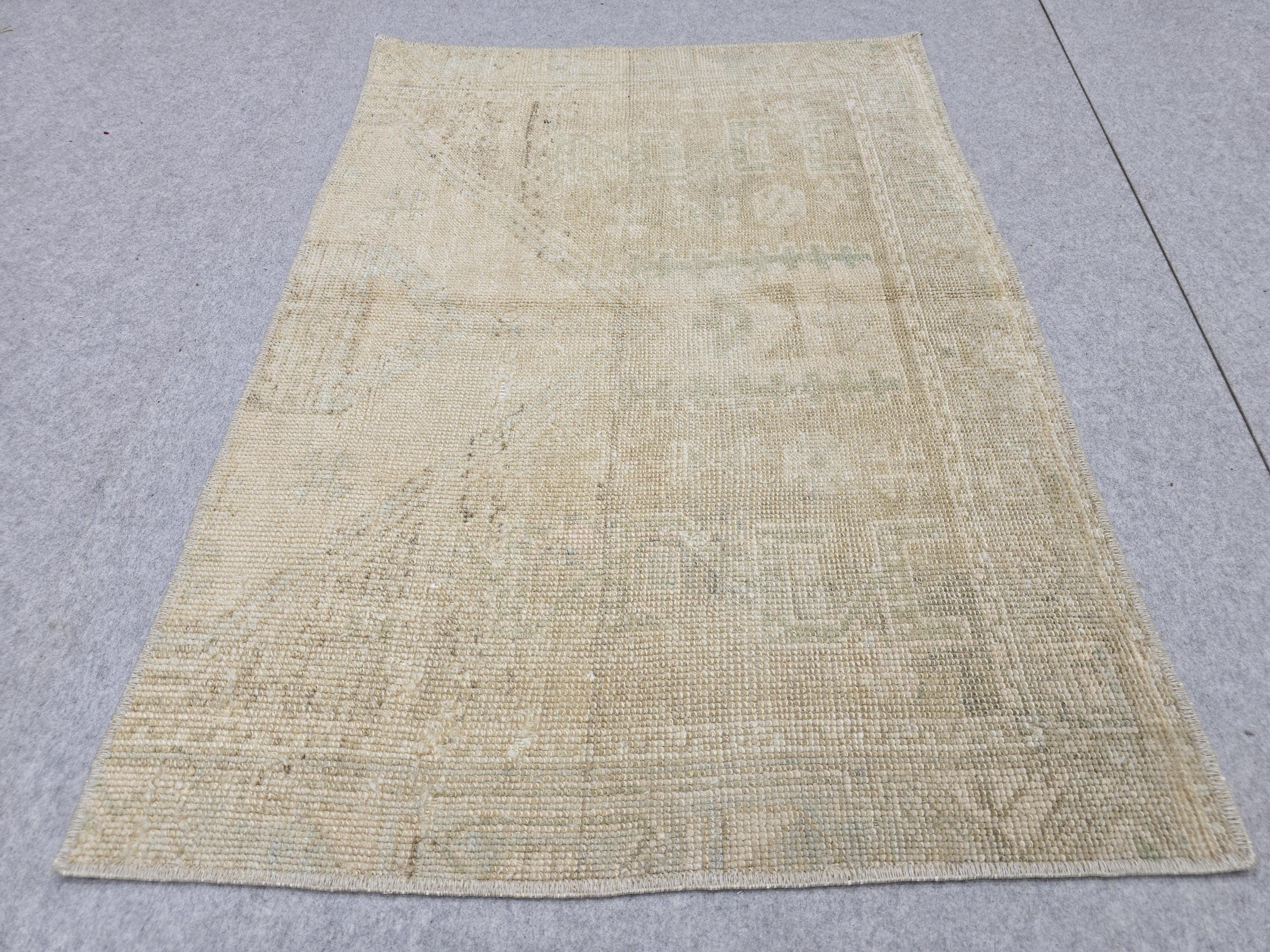 Vintage Bath Mat 2x3, Small Turkish Rug, Faded Neutral Door Mat, Hand Knotted Wool Oushak Mat, Muted Beige Kitchen Rug, Boho Entryway Rug