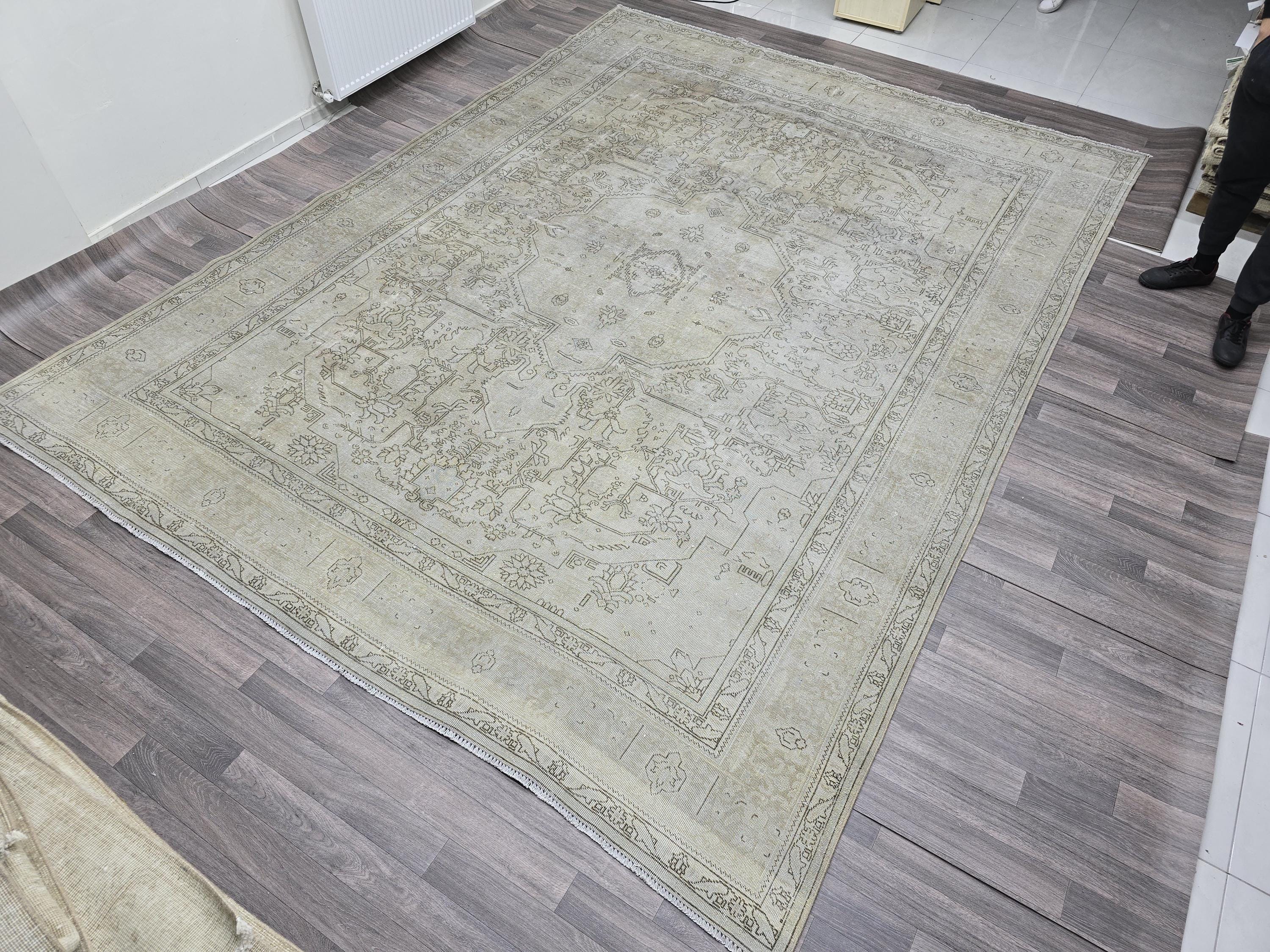 Extra Large Hand-Knotted Wool Rug: 9.5x12.6 ft Distressed Turkish Oriental Carpet