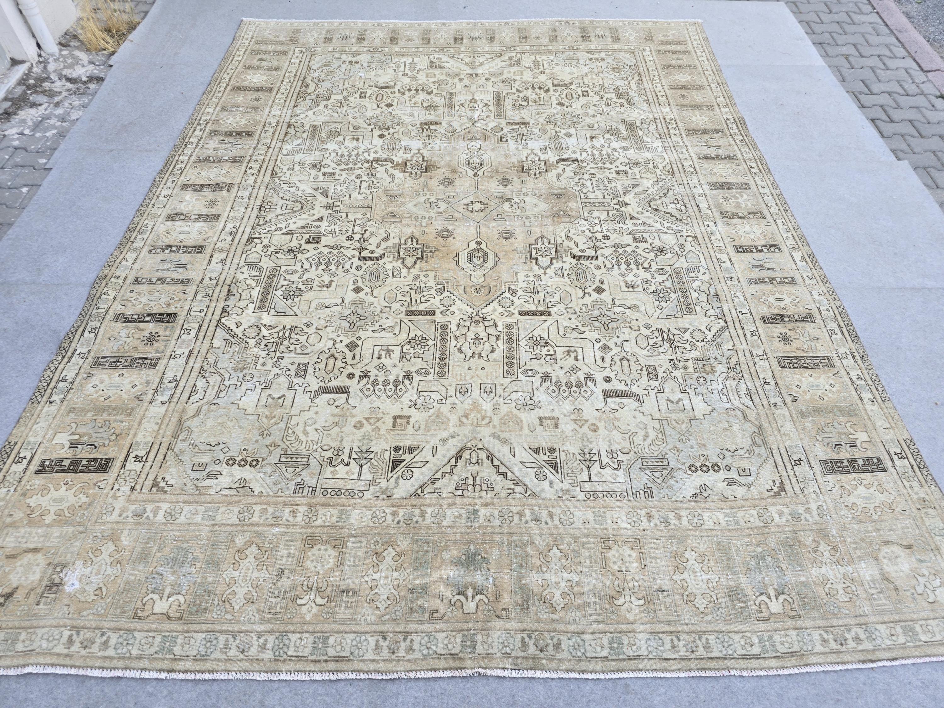 Turkish Rug 10x12, Faded Neutral Tribal Area Rug, Distressed Vintage Wool Carpet, Beige All Over Geometric, Boho Living Room
