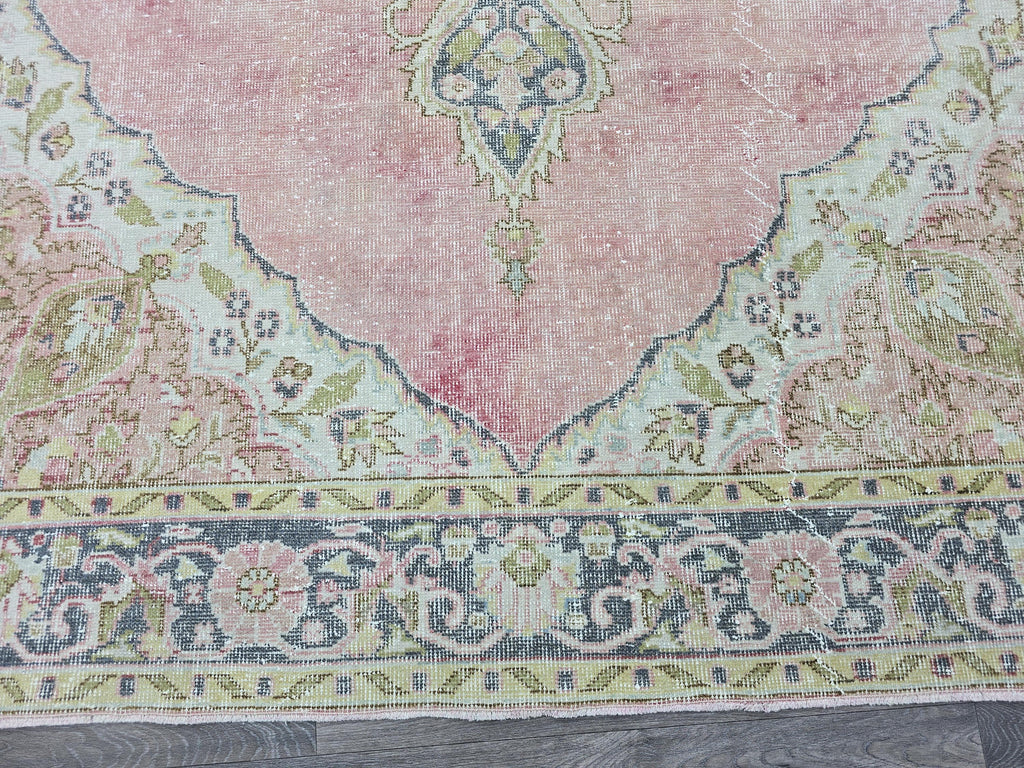 Vintage Turkish Oushak Rug: 7x11 Pink Floral Wool Carpet