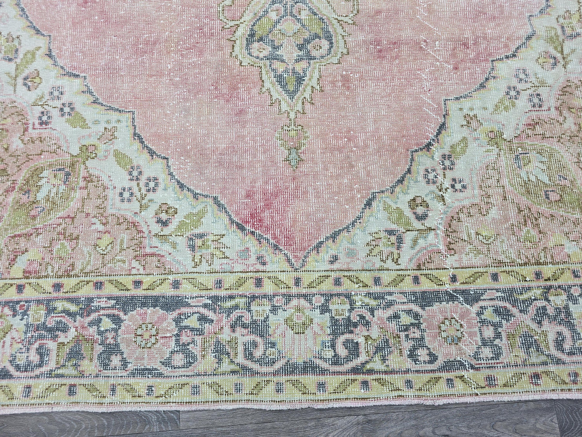 Vintage Turkish Oushak Rug: 7x11 Pink Floral Wool Carpet