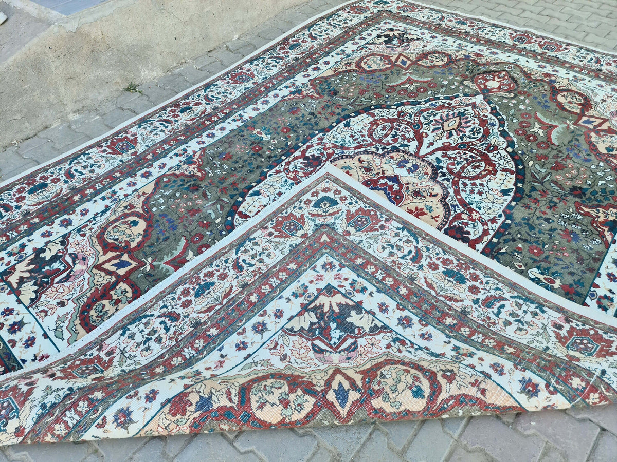 9x13 Vintage Turkish rug - Oversize Hand-Knotted Wool Oushak Area Rug: 9x13 Vintage Anatolian Carpet Green Cream rug