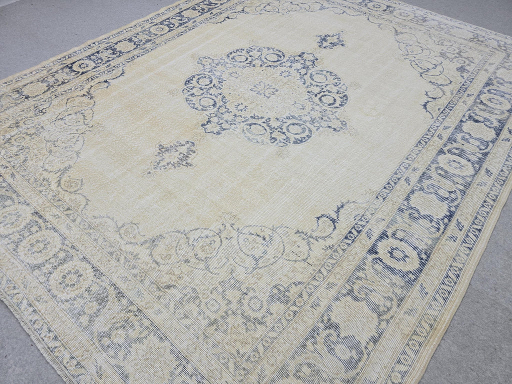 8x10 Faded Oushak Wool Area Rug Handmade Vintage Turkish Beige Blue Oriental Carpet