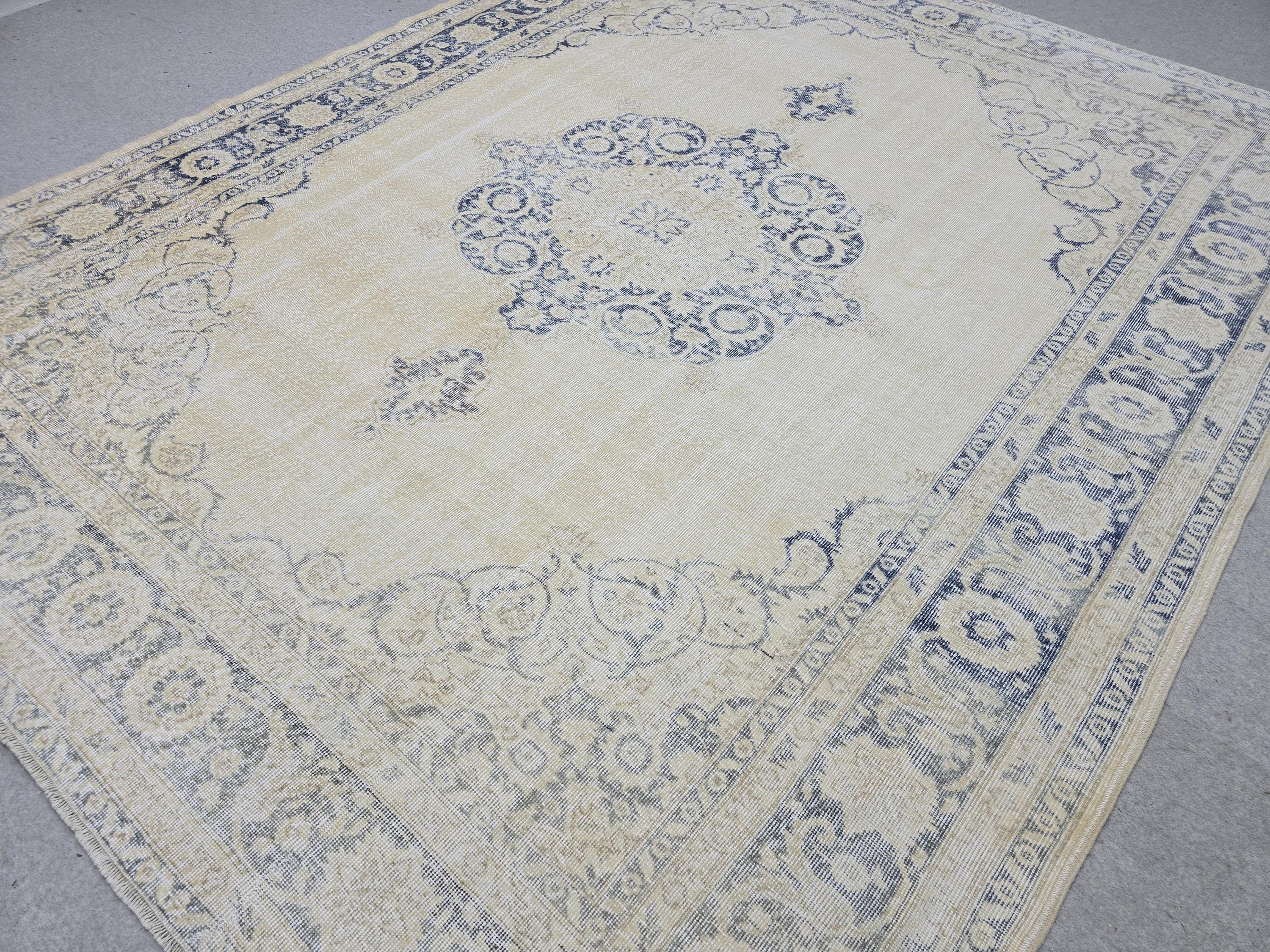 8x10 Faded Oushak Wool Area Rug Handmade Vintage Turkish Beige Blue Oriental Carpet